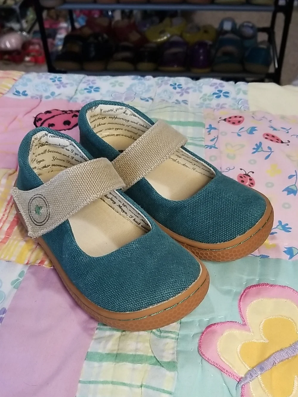 Livie & Luca Teal Canvas Mary Janes with Beige Strap Size 10 Carta II